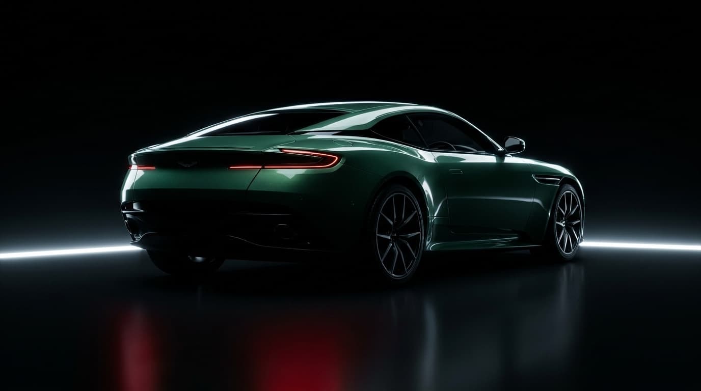 Aston Martin DB12 rear three-quarter view showing taillights