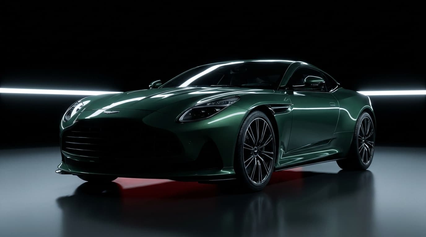 Aston Martin DB12 in Racing Green, studio photograph