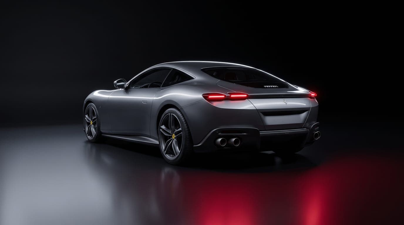 Ferrari Roma rear three-quarter view showing taillights