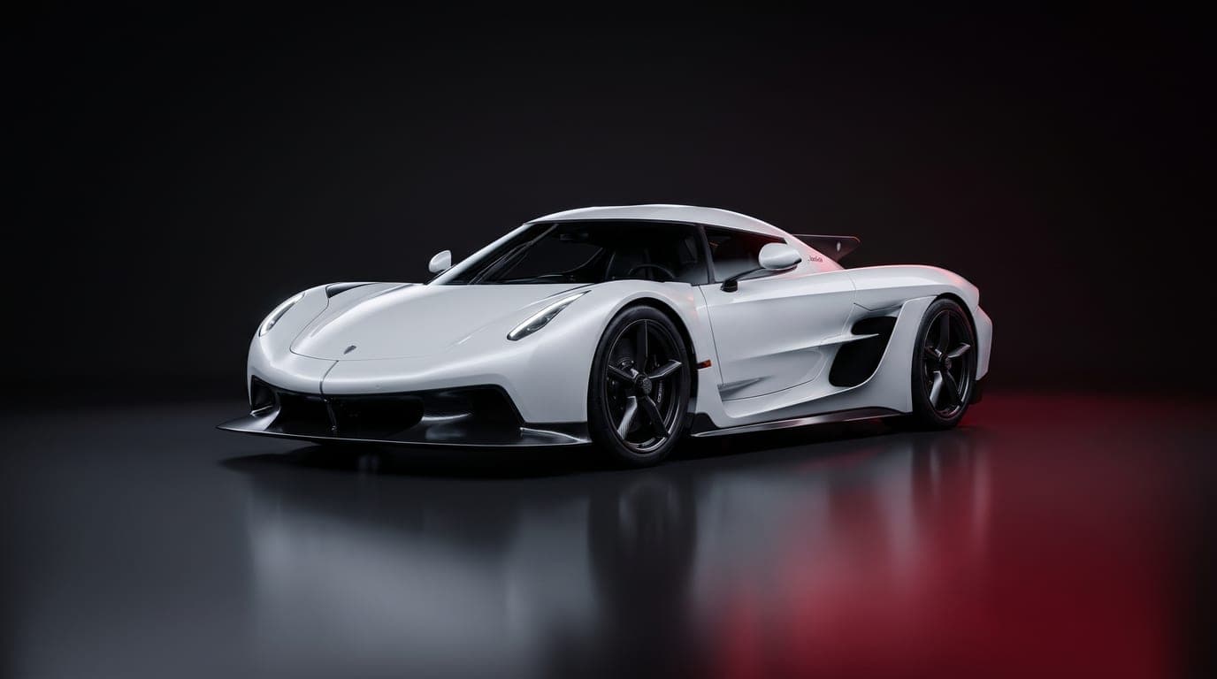Koenigsegg Jesko Absolut in pearl white, front three-quarter studio photograph