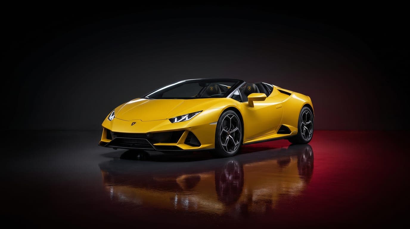 Lamborghini Huracán EVO Spyder in Giallo Inti, front three-quarter studio photograph