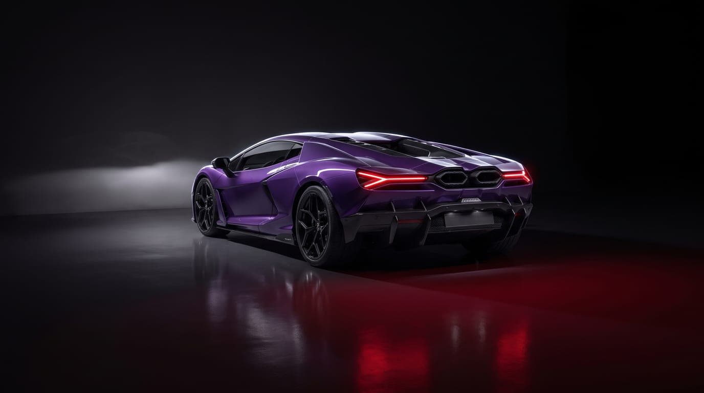 Lamborghini Revuelto rear three-quarter view showing taillights