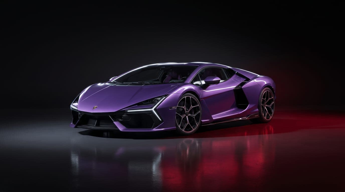 Lamborghini Revuelto in Viola Pasifae, front three-quarter studio photograph