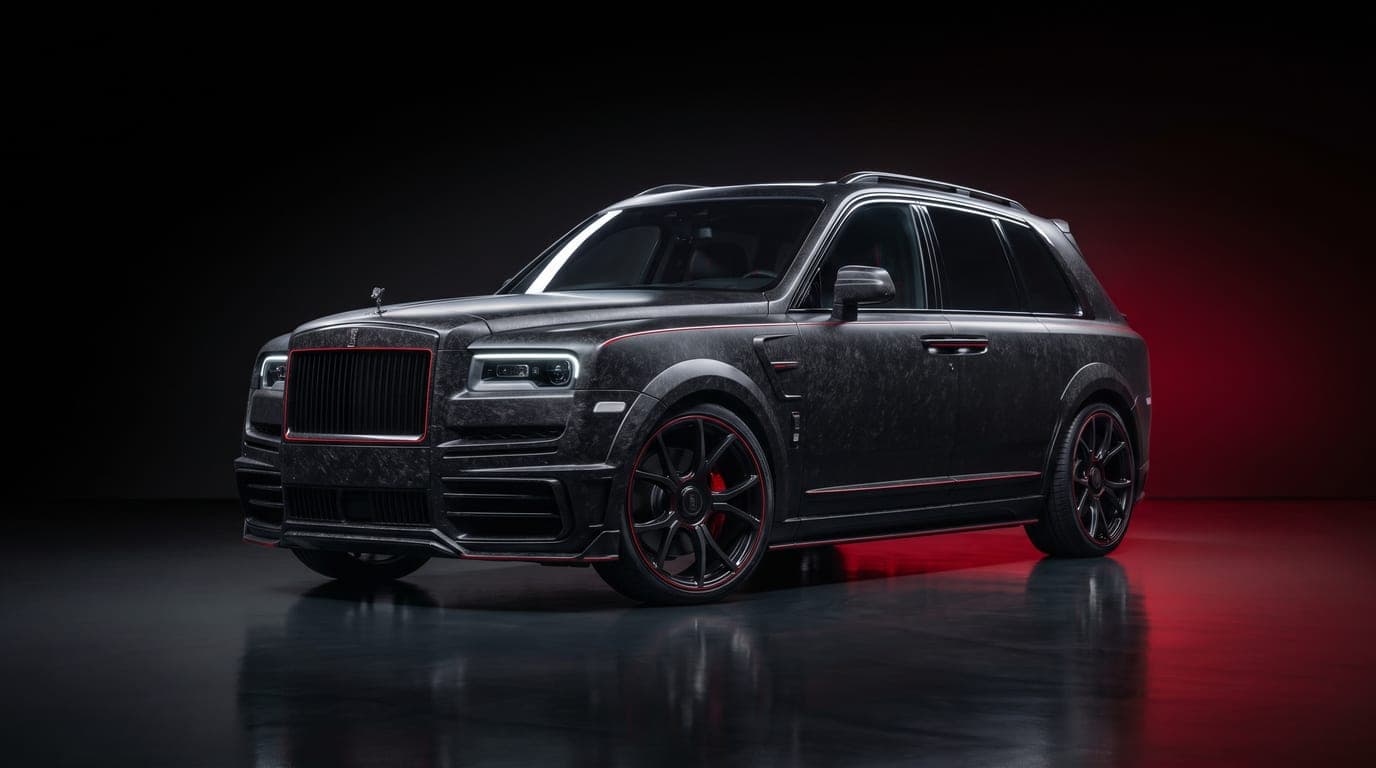 Mansory Rolls-Royce Cullinan in forged carbon, front three-quarter studio photograph