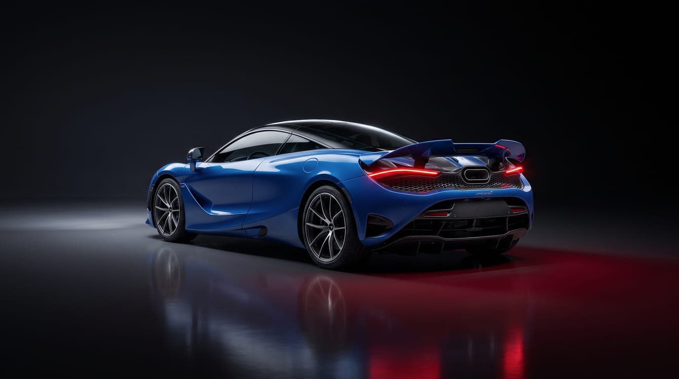 McLaren 750S rear three-quarter view showing taillights