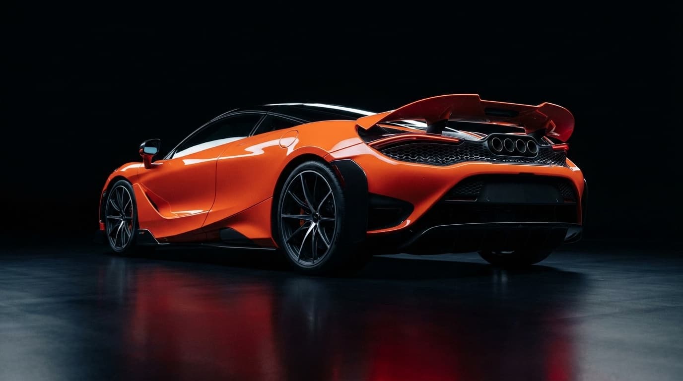 McLaren 765LT rear three-quarter view showing taillights