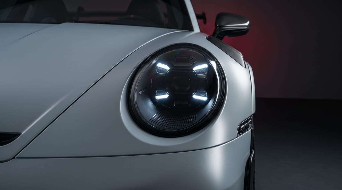 Porsche 911 GT3 front headlight close-up detail