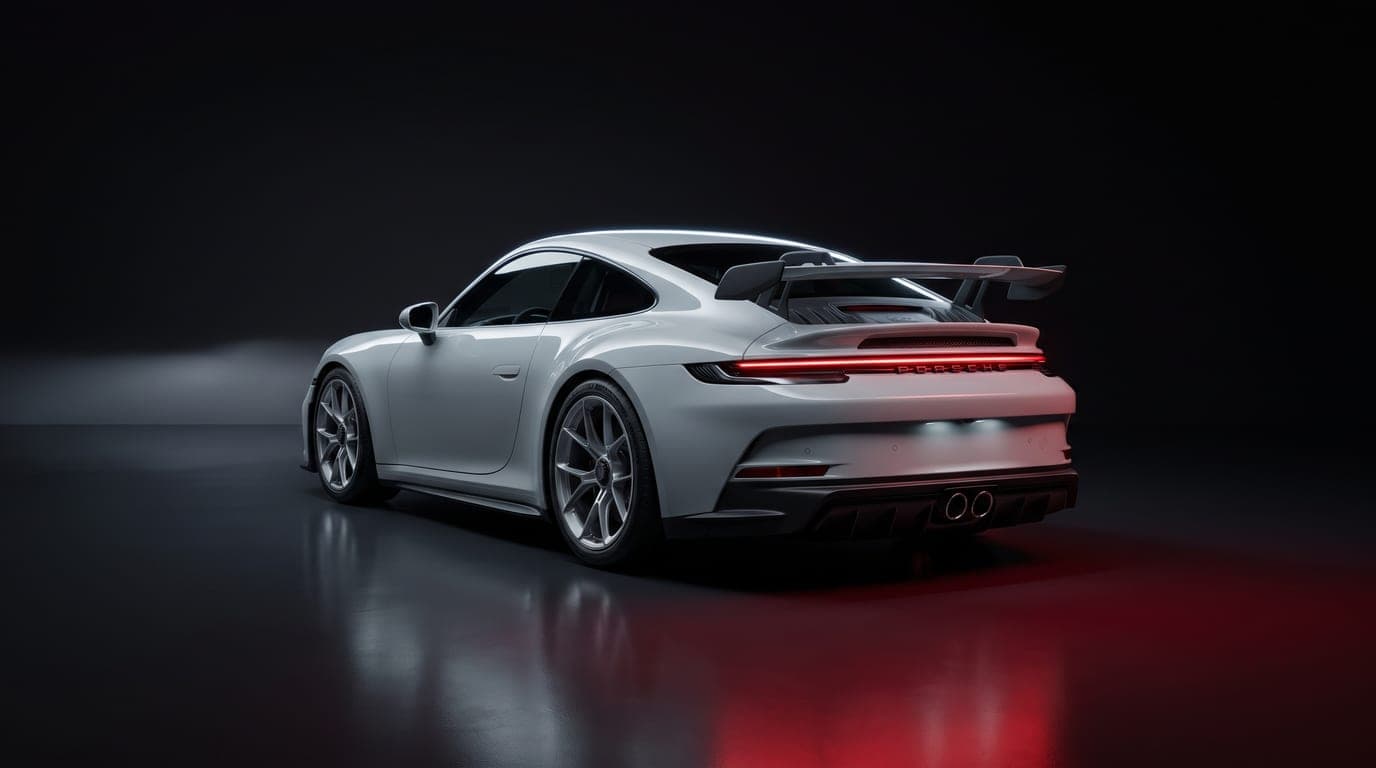 Porsche 911 GT3 rear three-quarter view showing taillights