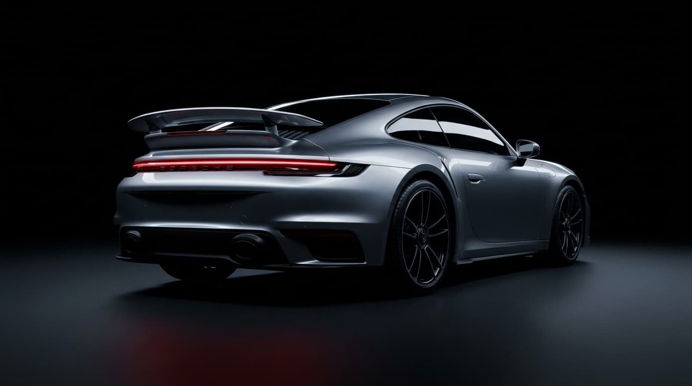 Porsche 911 Turbo S rear three-quarter view showing taillights