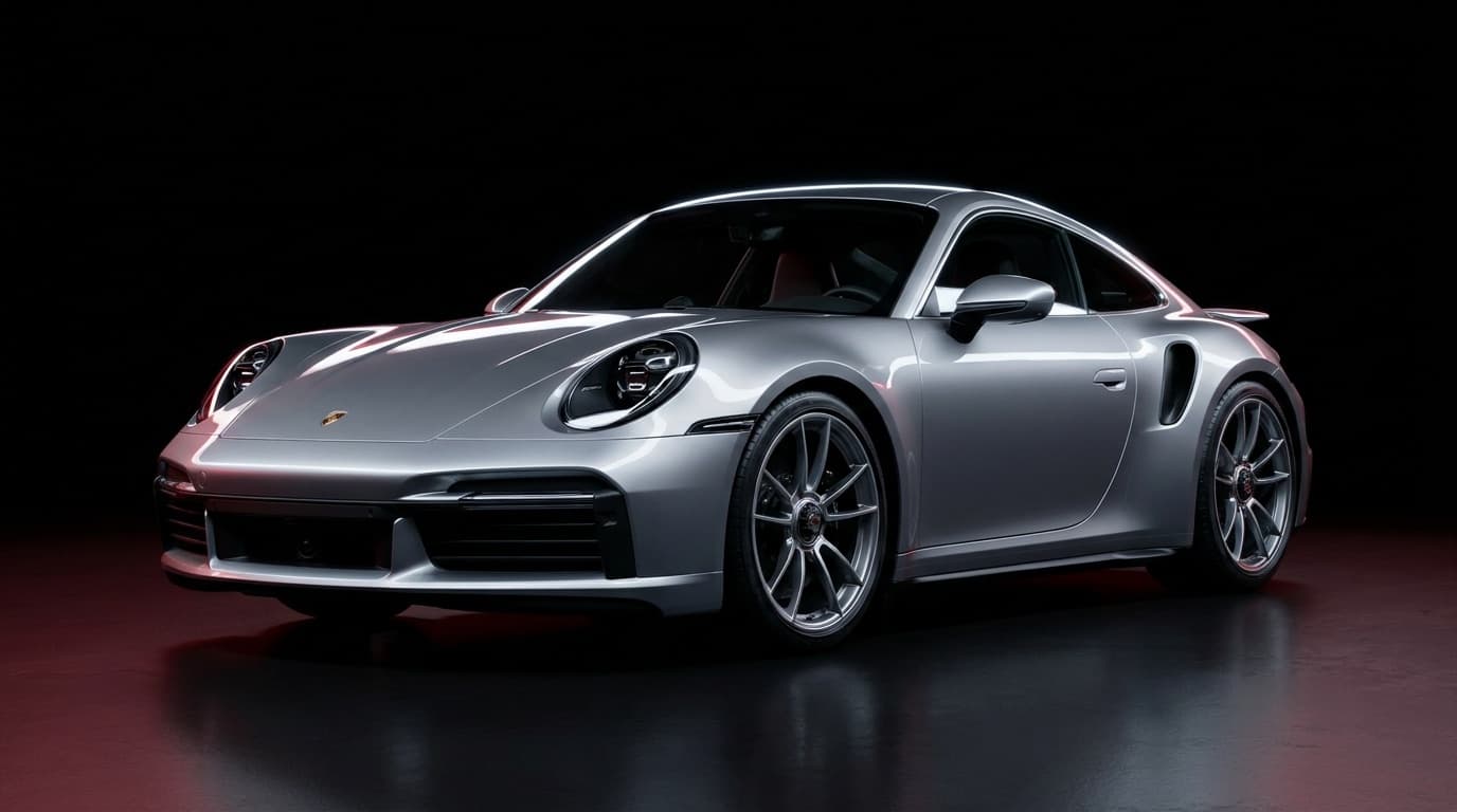 Porsche 911 Turbo S in GT Silver, studio photograph