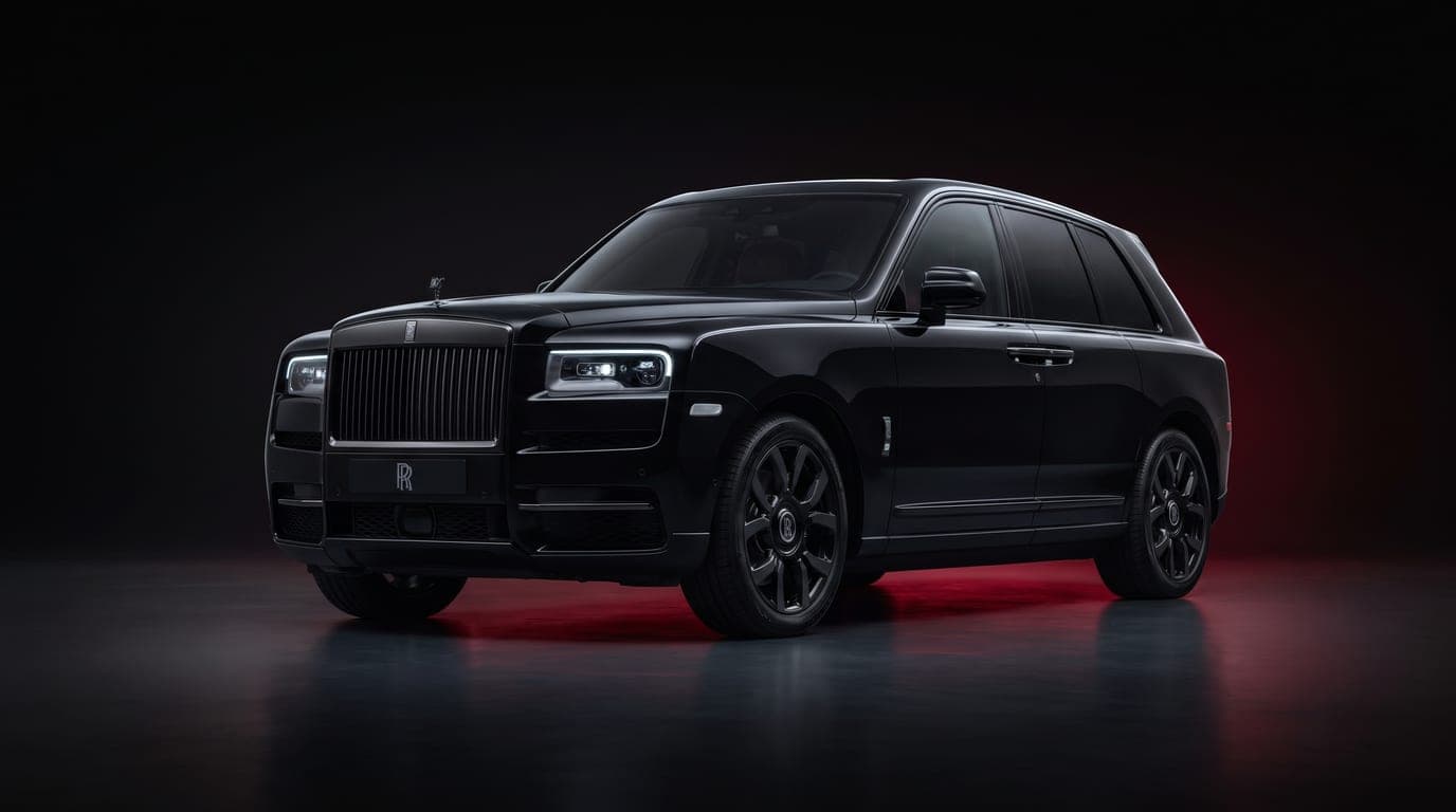 Rolls-Royce Cullinan Black Badge in Black Badge gloss black, front three-quarter studio photograph