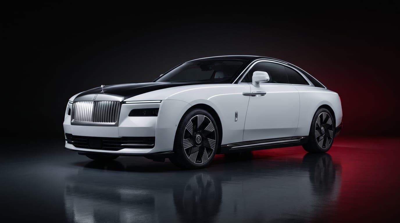 Rolls-Royce Spectre in Arctic White over Black, studio photograph