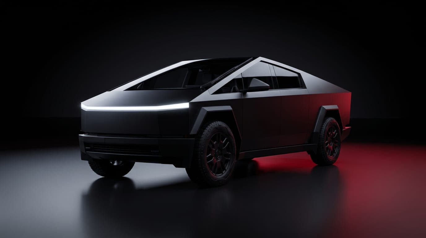 Tesla Cybertruck AWD in satin black, front three-quarter studio photograph