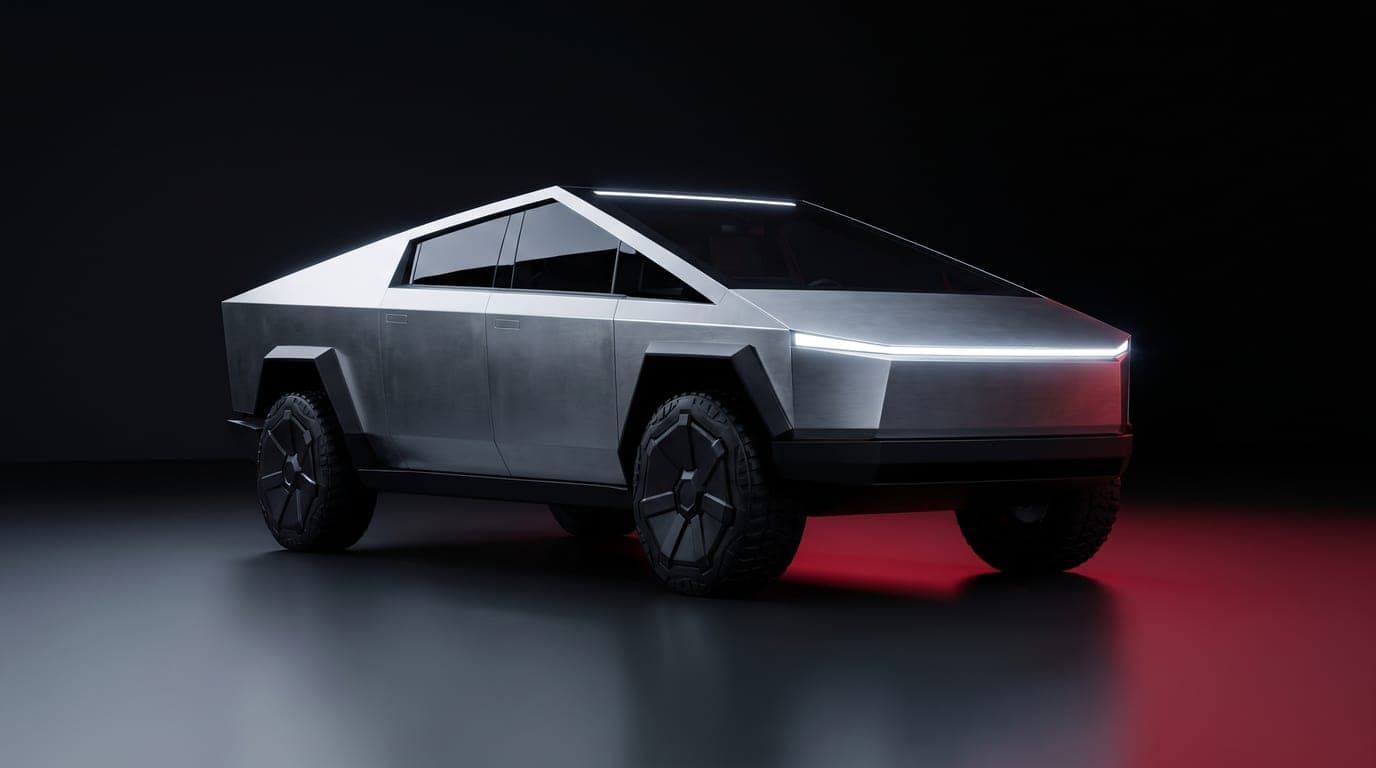 Tesla Cybertruck Cyberbeast in brushed stainless steel, front three-quarter studio photograph