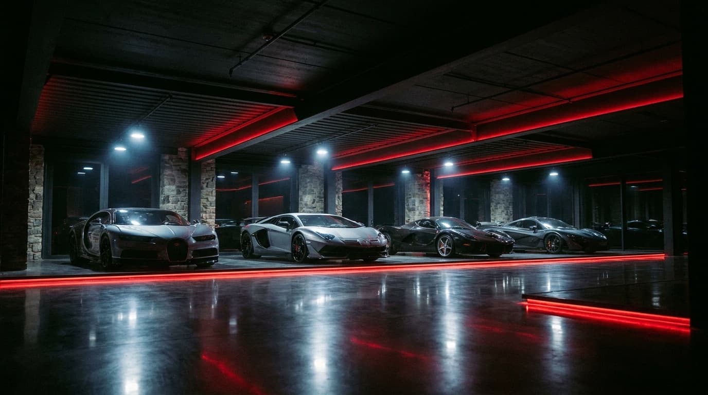 The Apex Motors private garage: a row of supercars under individual spot lights